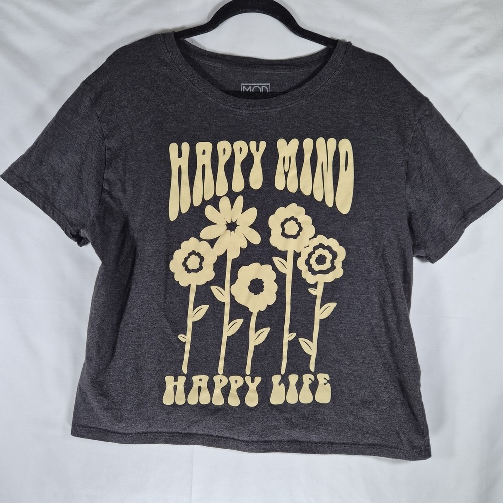 Cropped‎ Groovy Happy Mind Happy Life Floral Tee – Charcoal Gray XXL